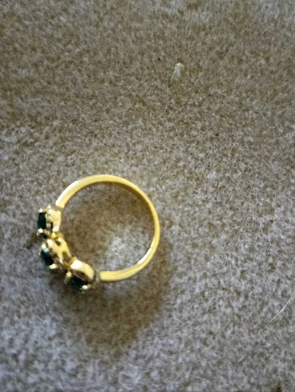Emerald Green Oval Three-Stone Ring, Gold Tone Halo Setting, Size 6